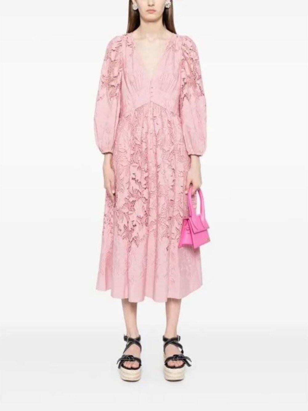Marchesa Rosa Jessamine Guipure-Lace Cotton Midi Dress in Pink size 8